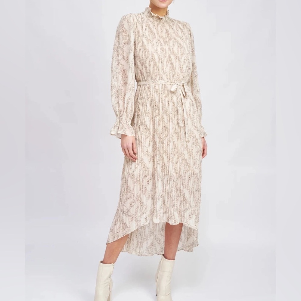 EN SAISON Ever Pleated Cream Waist Tie Ruffle Collar Dress Leopard size M